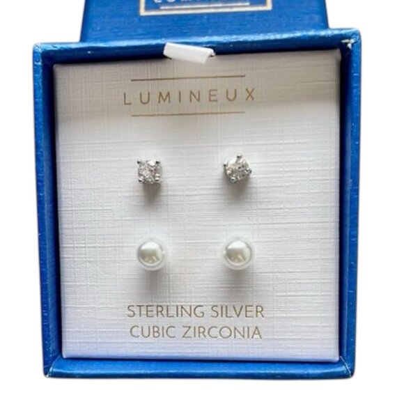 NEW Lumineux Sterling Silver Set of 2 Earrings Cubic Zirconia White Pearl - Picture 1 of 6
